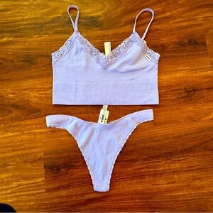 PINK - Seamless Rib Longline Bralette & High-Leg Thong Panty Set Purple L - NWT